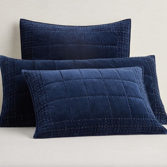 NWT Pottery Barn Handcrafted Velvet Box Stitch Shams - (2) Euro Navy Blue - Picture 4 of 4